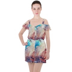 Abstract Galaxy Paint Ruffle Cut Out Chiffon Playsuit by goljakoff