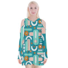 Abstract Shapes Velvet Long Sleeve Shoulder Cutout Dress
