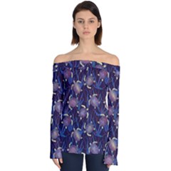 Turtles Swim In The Water Among The Plants Off Shoulder Long Sleeve Top by SychEva