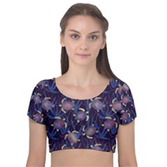 Turtles Swim In The Water Among The Plants Velvet Short Sleeve Crop Top  by SychEva
