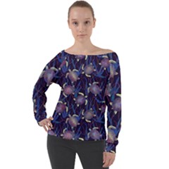 Turtles Swim In The Water Among The Plants Off Shoulder Long Sleeve Velour Top by SychEva