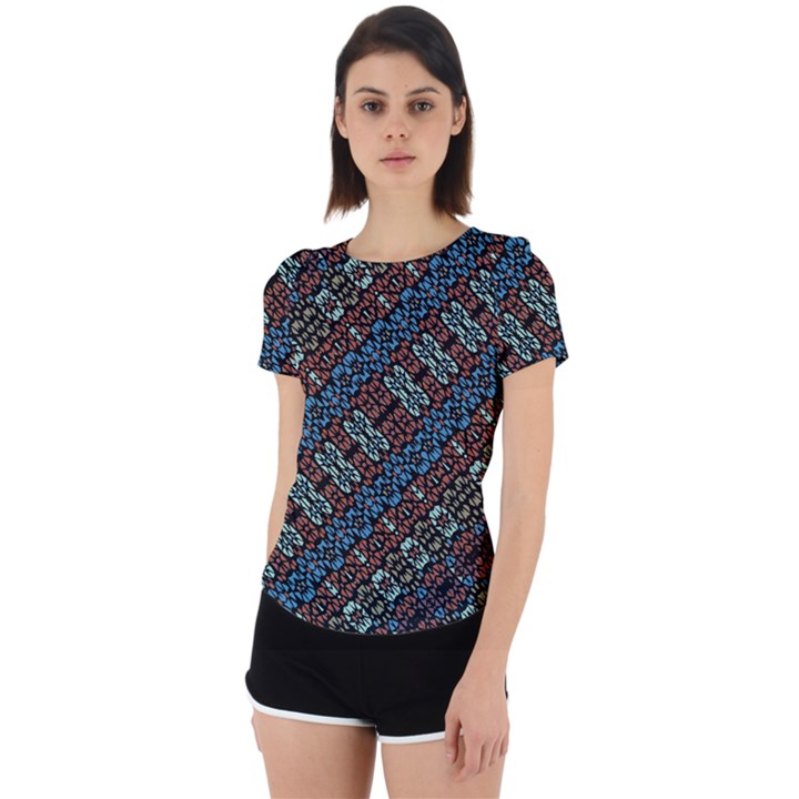 Multicolored Mosaic Print Pattern Back Cut Out Sport Tee