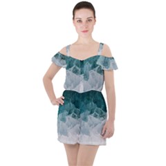 Blue Sea Ruffle Cut Out Chiffon Playsuit by goljakoff