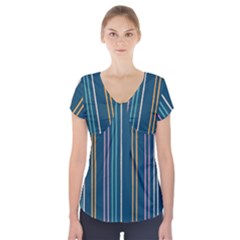 Multicolored Stripes On Blue Short Sleeve Front Detail Top by SychEva