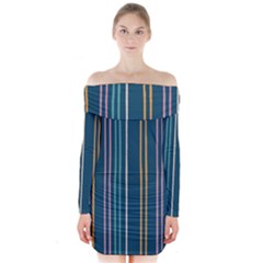 Multicolored Stripes On Blue Long Sleeve Off Shoulder Dress by SychEva