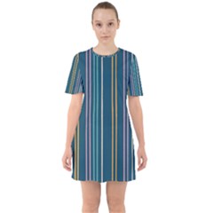 Multicolored Stripes On Blue Sixties Short Sleeve Mini Dress by SychEva