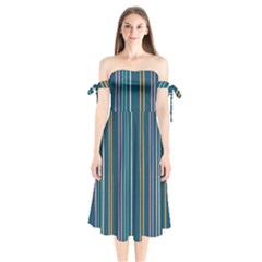Multicolored Stripes On Blue Shoulder Tie Bardot Midi Dress by SychEva