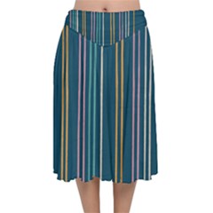 Multicolored Stripes On Blue Velvet Flared Midi Skirt by SychEva