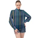 Multicolored Stripes On Blue High Neck Long Sleeve Chiffon Top View1