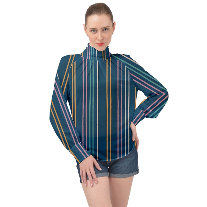 Multicolored Stripes On Blue High Neck Long Sleeve Chiffon Top