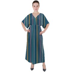 Multicolored Stripes On Blue V-neck Boho Style Maxi Dress by SychEva