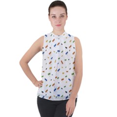 Dragonfly On White Mock Neck Chiffon Sleeveless Top by JustToWear