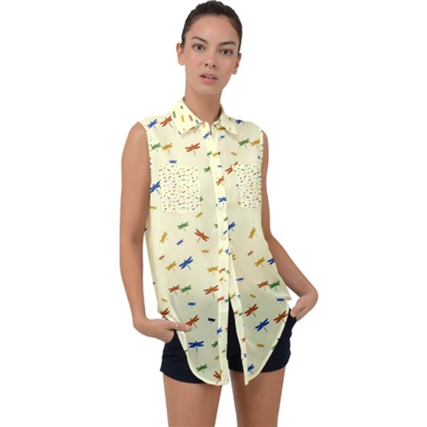 Dragonfly On Yellow Sleeveless Chiffon Button Shirt by JustToWear