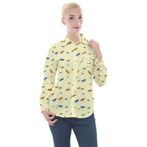 Dragonfly On Yellow Women s Long Sleeve Pocket Shirt by JustToWear
