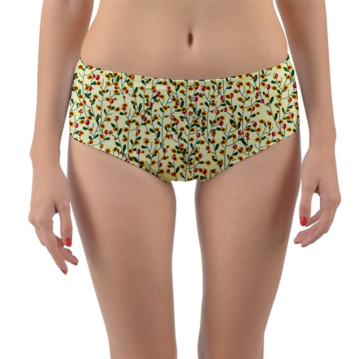 Pattern lonely flower on yellow Reversible Mid-Waist Bikini Bottoms