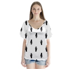 Vampire Hand Motif Graphic Print Pattern V-Neck Flutter Sleeve Top