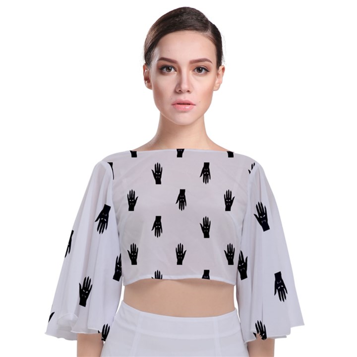 Vampire Hand Motif Graphic Print Pattern Tie Back Butterfly Sleeve Chiffon Top