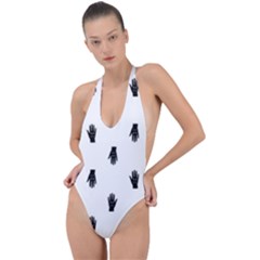 Vampire Hand Motif Graphic Print Pattern Backless Halter One Piece Swimsuit
