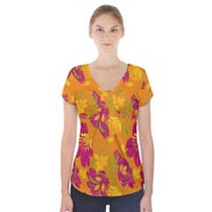 Folk Floral Pattern  Abstract Flowers Print  Seamless Pattern Short Sleeve Front Detail Top by Eskimos