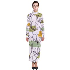 Flower Line Art Color Seamless Pattern Turtleneck Maxi Dress