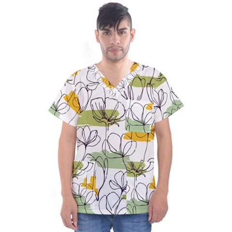 Flower Line Art Color Seamless Pattern Men s V-neck Scrub Top by Kizuneko