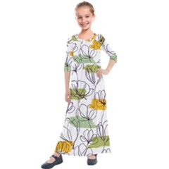 Flower Line Art Color Seamless Pattern Kids  Quarter Sleeve Maxi Dress