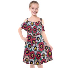 Daisy Colorfull Seamless Pattern Kids  Cut Out Shoulders Chiffon Dress by Kizuneko