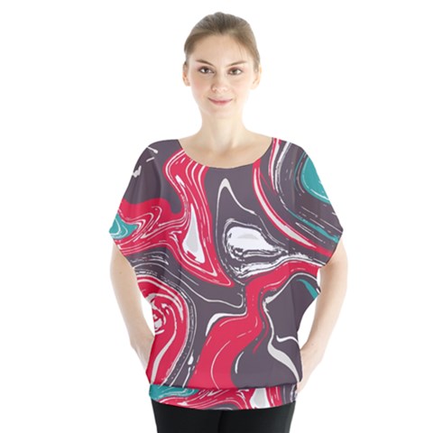 Red Vivid Marble Pattern 3 Batwing Chiffon Blouse by goljakoff