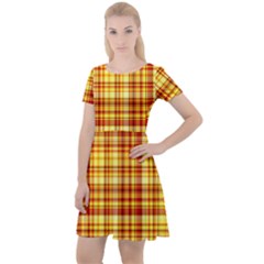 Red Lines On Yellow Cap Sleeve Velour Dress  by JustToWear