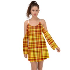 Red Lines On Yellow Kimono Sleeves Boho Dress