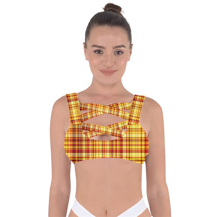 Red Lines On Yellow Bandaged Up Bikini Top