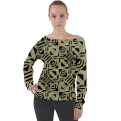 Linear Geometric Print Pattern Mosaic 2 Off Shoulder Long Sleeve Velour Top by dflcprintsclothing