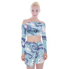 Blue Vivid Marble Pattern Off Shoulder Top With Mini Skirt Set by goljakoff