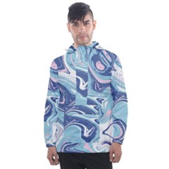 Blue Vivid Marble Pattern Men s Front Pocket Pullover Windbreaker by goljakoff