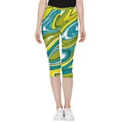 Green Vivid Marble Pattern Inside Out Lightweight Velour Capri Leggings 