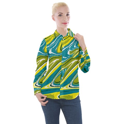 Green Vivid Marble Pattern Women s Long Sleeve Pocket Shirt by goljakoff
