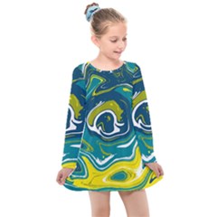 Green Vivid Marble Pattern 14 Kids  Long Sleeve Dress by goljakoff