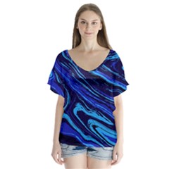Blue Vivid Marble Pattern 16 V-neck Flutter Sleeve Top by goljakoff