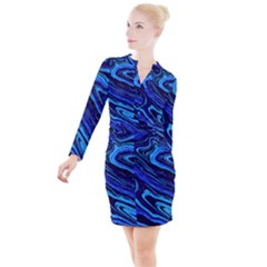 Blue Vivid Marble Pattern 16 Button Long Sleeve Dress