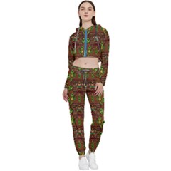 Rainbow Heavy Metal Artificial Leather Lady Among Spring Flowers Cropped Zip Up Lounge Set by pepitasart