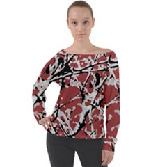 Vibrant Abstract Textured Artwork Print Off Shoulder Long Sleeve Velour Top