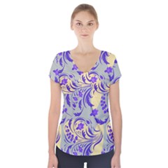 Folk floral pattern. Abstract flowers surface design. Seamless pattern Short Sleeve Front Detail Top