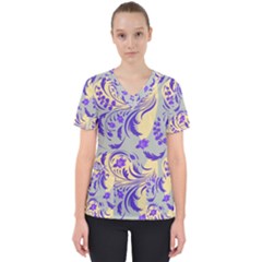 Folk floral pattern. Abstract flowers surface design. Seamless pattern Women s V-Neck Scrub Top