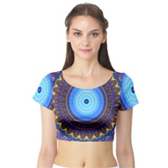 Blue Violet Midnight Sun Mandala Hippie Trippy Psychedelic Kaleidoscope  Short Sleeve Crop Top by CrypticFragmentsDesign