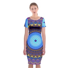 Blue Violet Midnight Sun Mandala Hippie Trippy Psychedelic Kaleidoscope  Classic Short Sleeve Midi Dress