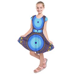 Blue Violet Midnight Sun Mandala Hippie Trippy Psychedelic Kaleidoscope  Kids  Short Sleeve Dress by CrypticFragmentsDesign