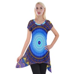 Blue Violet Midnight Sun Mandala Hippie Trippy Psychedelic Kaleidoscope  Short Sleeve Side Drop Tunic by CrypticFragmentsDesign