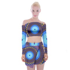 Blue Violet Midnight Sun Mandala Hippie Trippy Psychedelic Kaleidoscope  Off Shoulder Top With Mini Skirt Set by CrypticFragmentsDesign