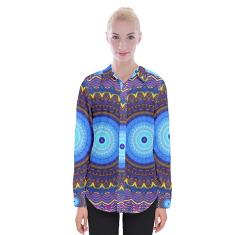 Blue Violet Midnight Sun Mandala Hippie Trippy Psychedelic Kaleidoscope  Womens Long Sleeve Shirt by CrypticFragmentsDesign