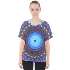 Blue Violet Midnight Sun Mandala Hippie Trippy Psychedelic Kaleidoscope  V-neck Dolman Drape Top